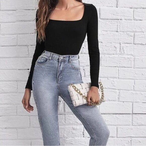 SHEIN Black Square Neck Form Fitting Long Sleeve Ribbed Shirt Size Small - Picture 1 of 6